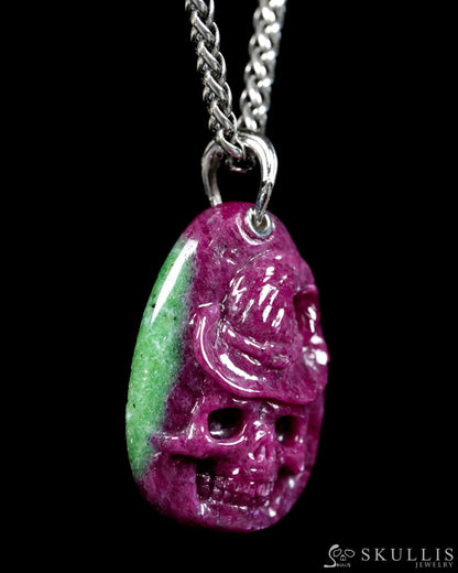 Skullis Ruby Zoisite Gem Witch Hat Skull Pendant or Necklace Hand Carved for Women & Men - ZR19900148 - Skull Pendants