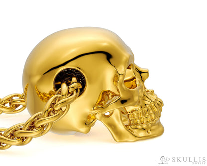 Skullis Signature 18K Gold Skull Pendant or Necklace Hand Carved for Women & Men - S0001824 - Tiny Gemstone Skull