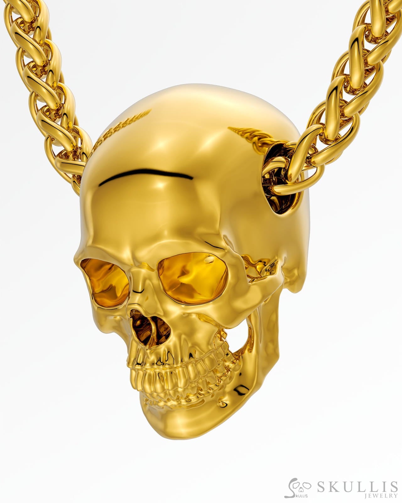Skullis Signature 18K Gold Skull Pendant or Necklace Hand Carved for Women & Men - S0001824 - Tiny Gemstone Skull
