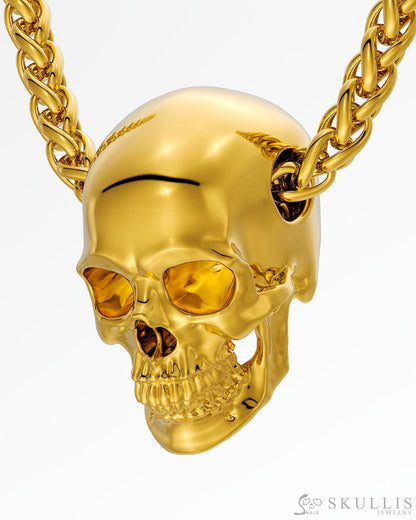 Skullis Signature 18K Gold Skull Pendant or Necklace Hand Carved for Women & Men - S0001824 - Tiny Gemstone Skull