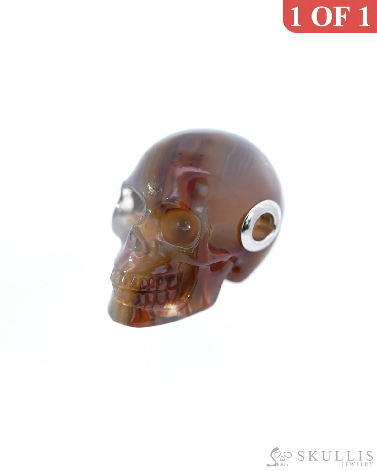 Gem Skull Pendant Necklace Of Agate Crystal Carved Skull With Detachable Silver Jaw In