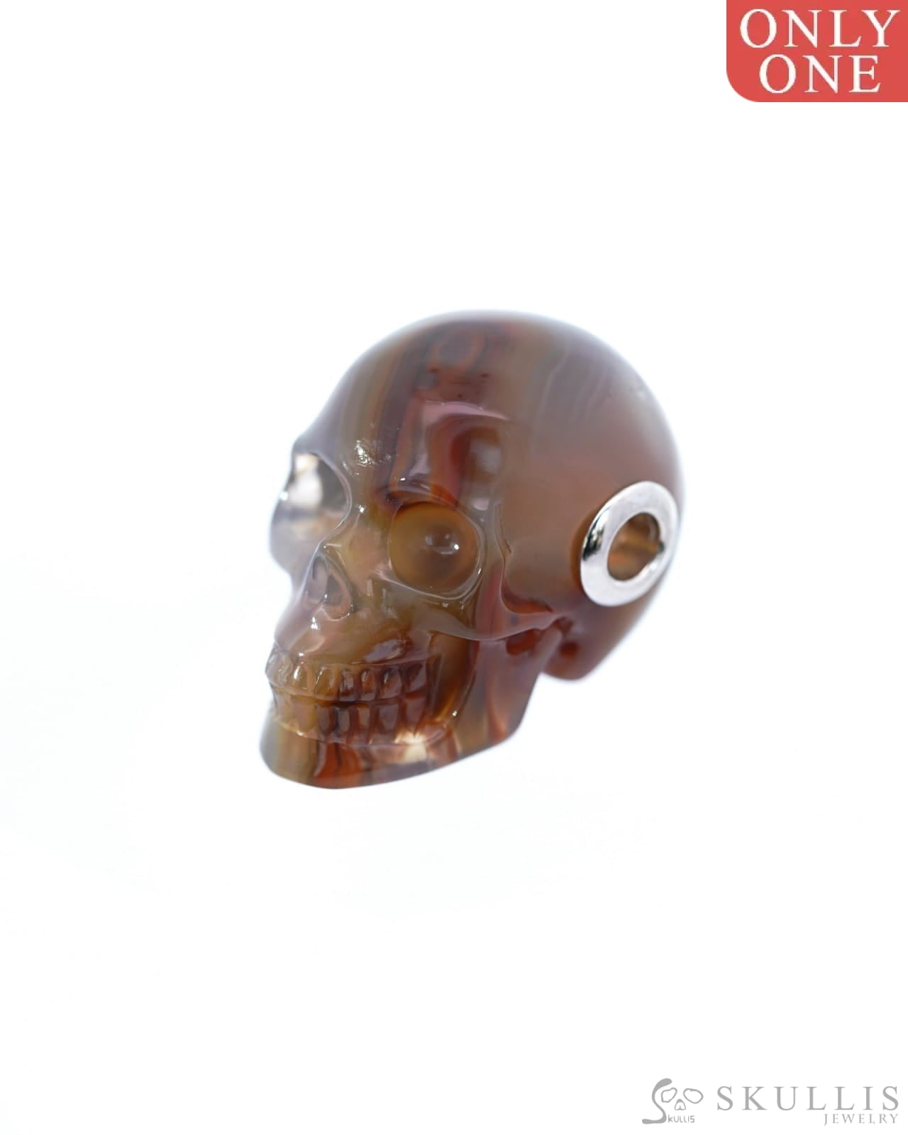 Gem Skull Pendant Necklace Of Agate Crystal Carved Skull With Detachable Silver Jaw In
