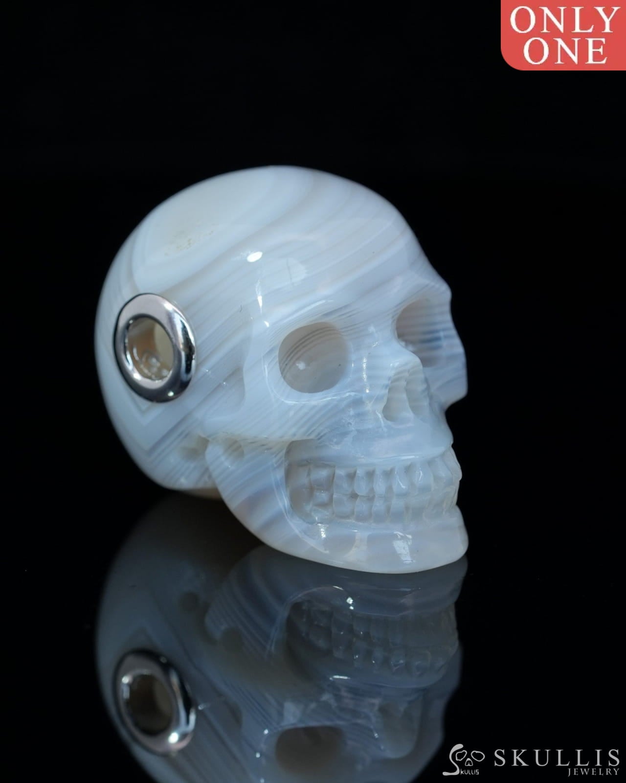 Skullis Signature Agate Gem Skull Pendant or Necklace Hand Carved Sterling Silver 925 Chain for Women & Men - 9800224