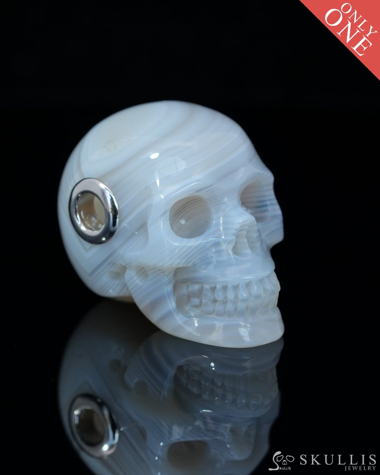 Skullis Signature Agate Gem Skull Pendant or Necklace Hand Carved Sterling Silver 925 Chain for Women & Men - 9800224