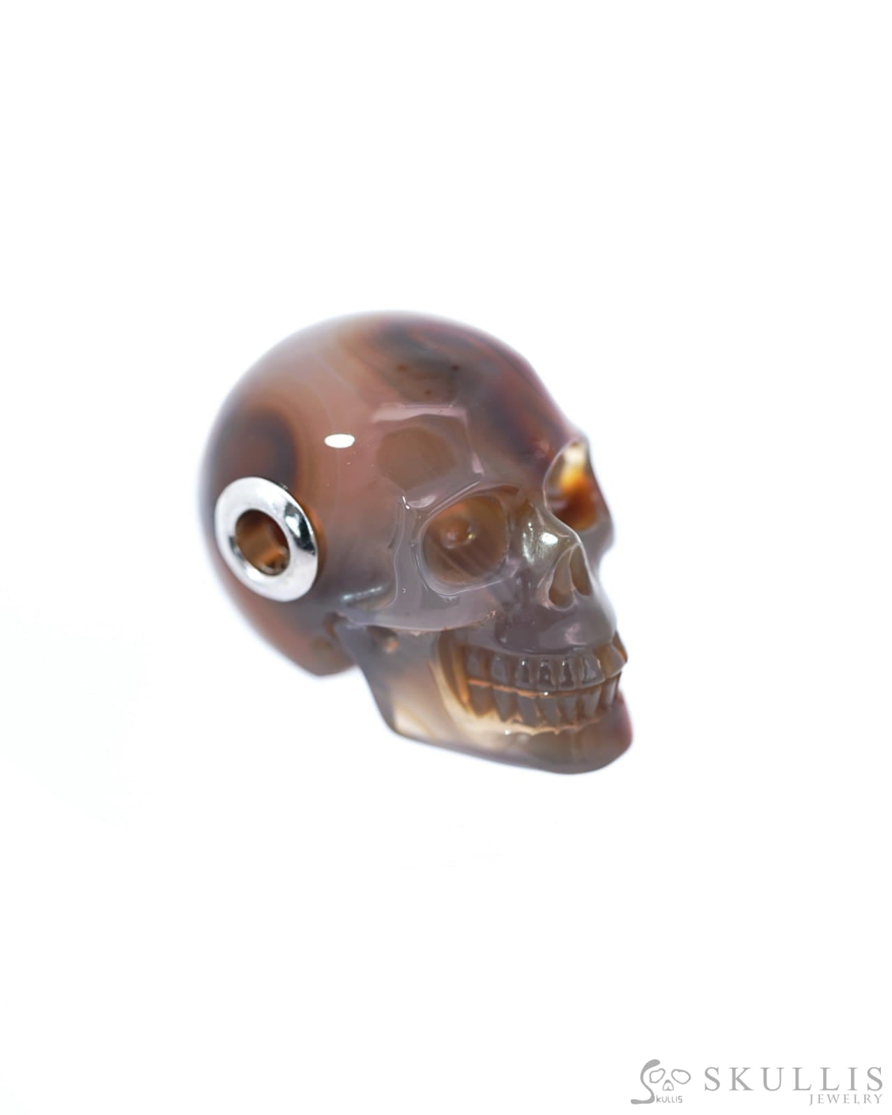 Gem Skull Pendant Necklace Of Agate Crystal Carved Skull With Detachable Silver Jaw In