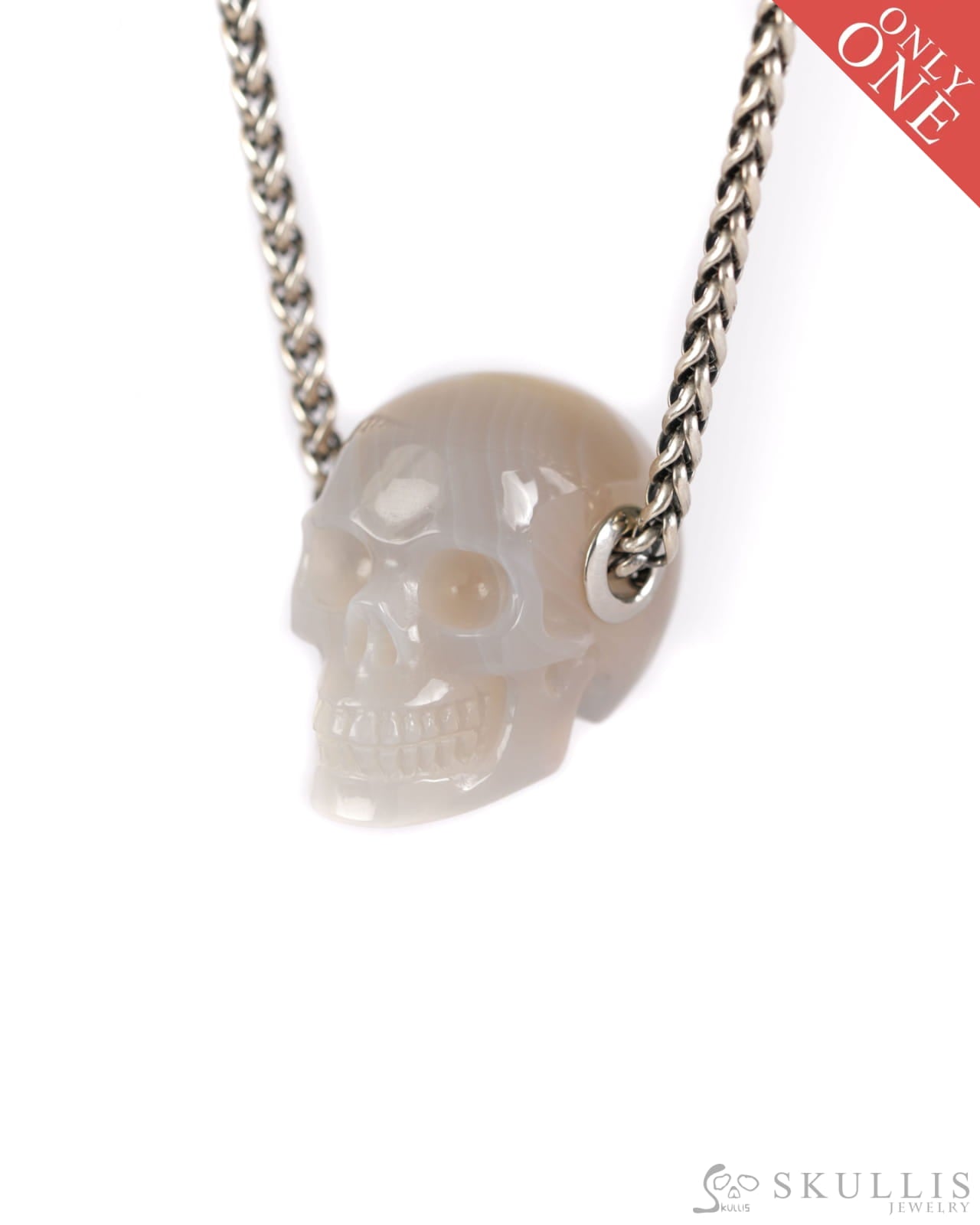 Skullis Signature Agate Gem Skull Pendant or Necklace Hand Carved Sterling Silver 925 Chain for Women & Men - 9900006