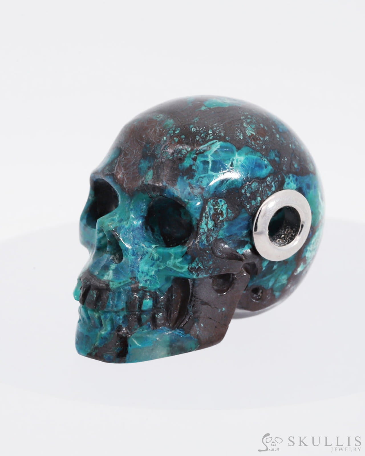 Skullis Signature American Chrysocolla Gem Skull Pendant Or Necklace Hand Carved Sterling