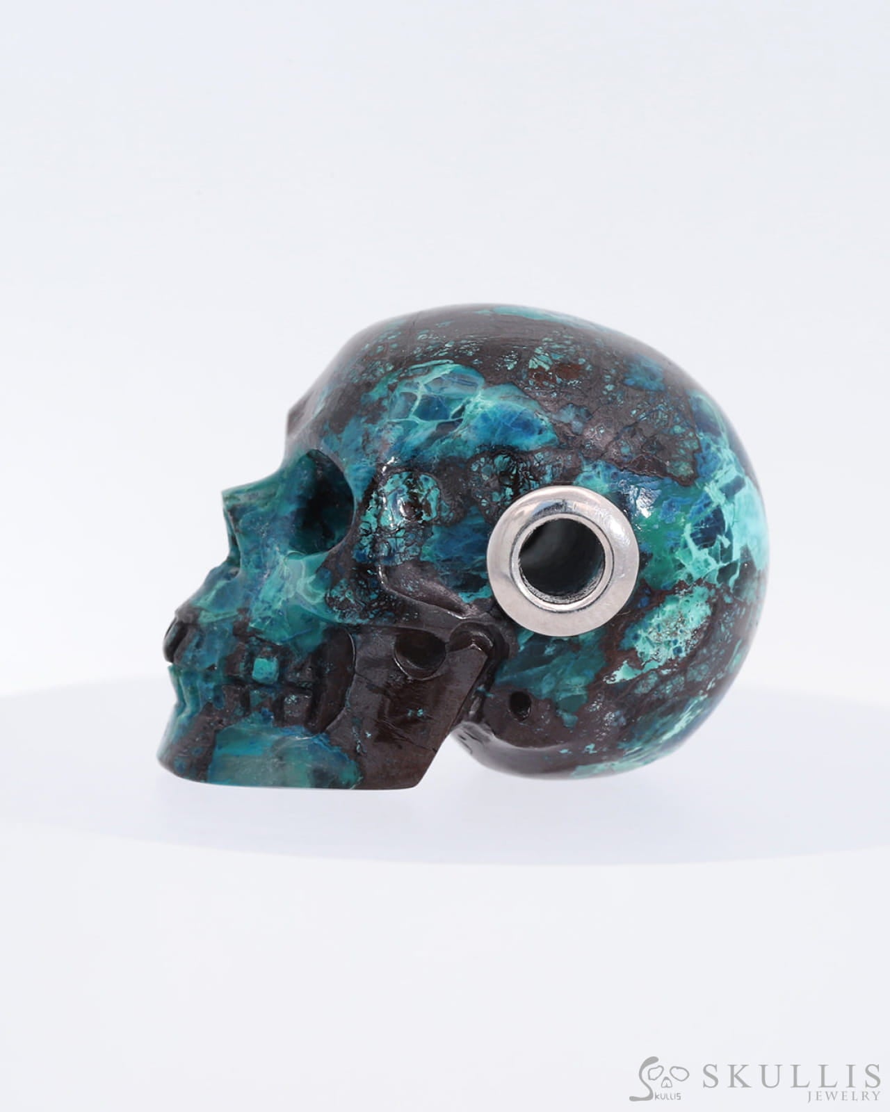 Skullis Signature American Chrysocolla Gem Skull Pendant Or Necklace Hand Carved Sterling