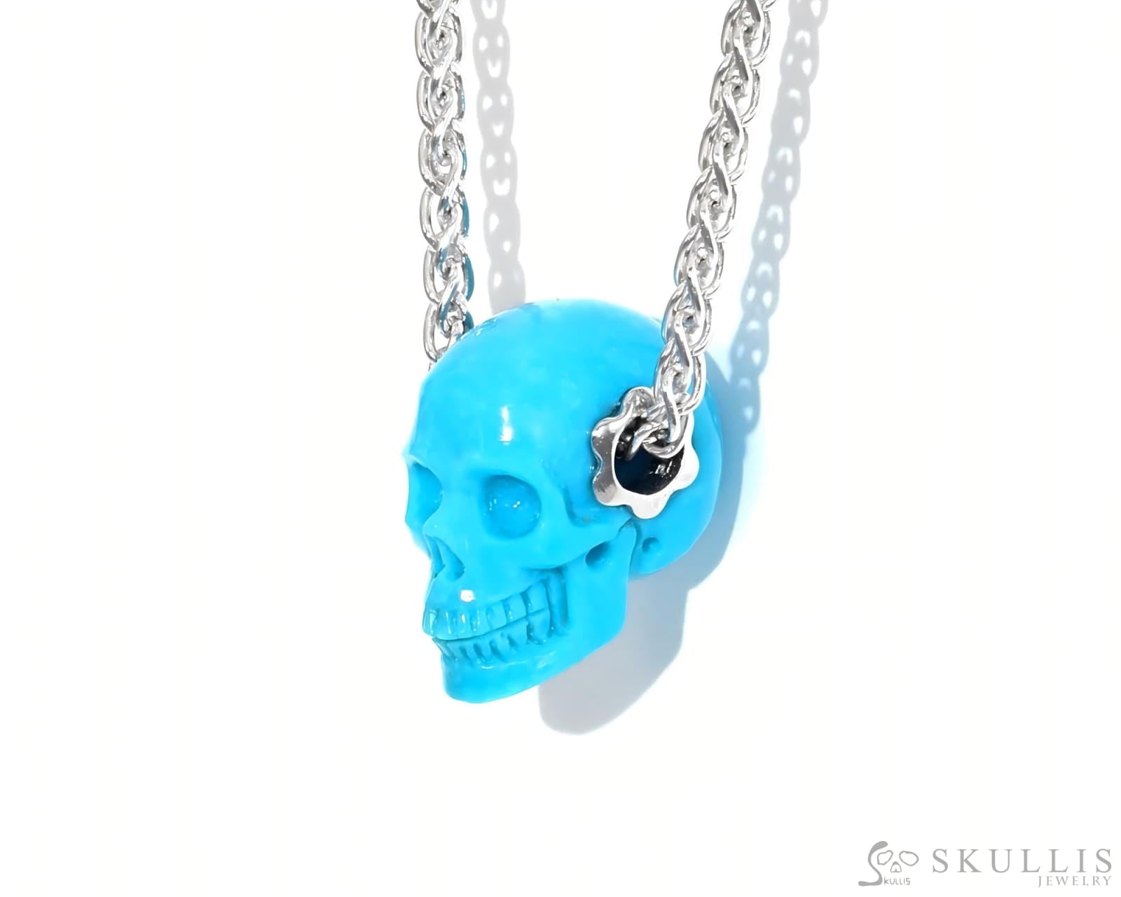 Skullis Signature American Turquoise Gem Skull Pendant or Necklace Hand Carved Sterling Silver 925 Chain for Women &