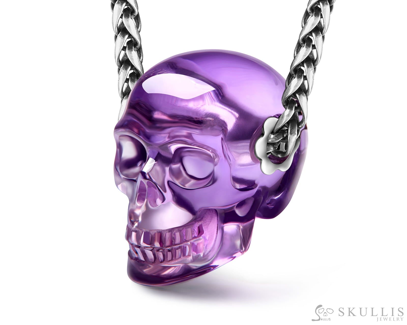 Skullis Signature Amethyst Gem Skull Pendant or Necklace Hand Carved Sterling Silver 925 Chain for Women & Men Skull
