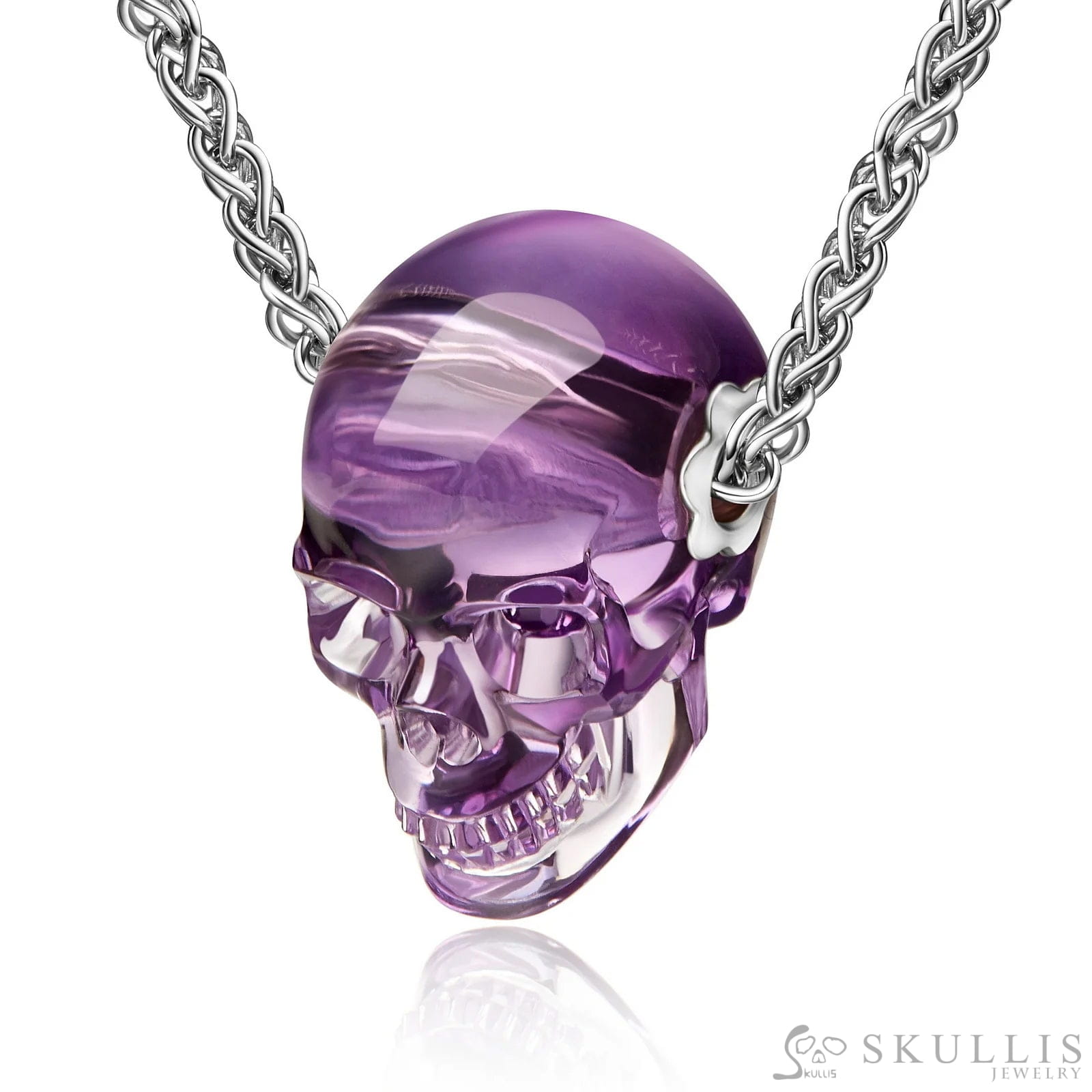 Skullis Signature Amethyst Gem Skull Pendant or Necklace Hand Carved Sterling Silver 925 Chain for Women & Men Skull