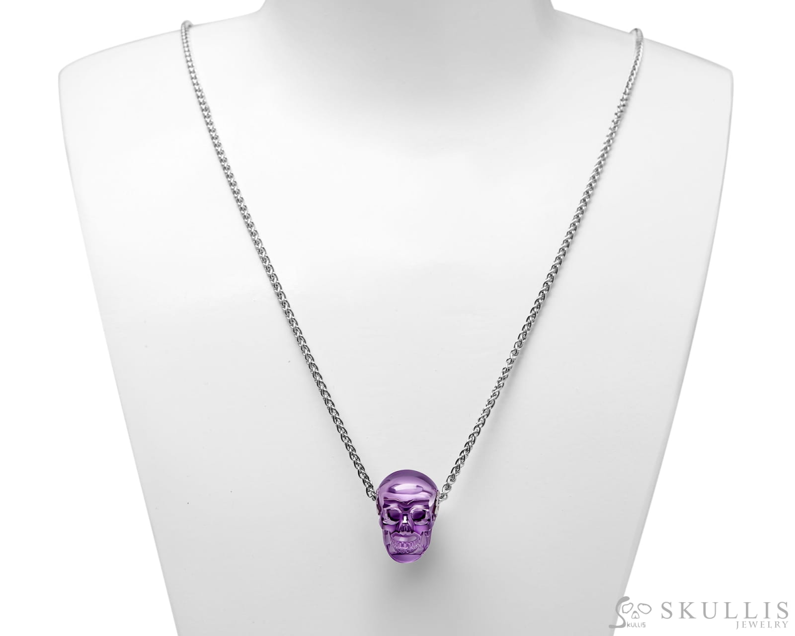 Skullis Signature Amethyst Gem Skull Pendant or Necklace Hand Carved Sterling Silver 925 Chain for Women & Men Skull