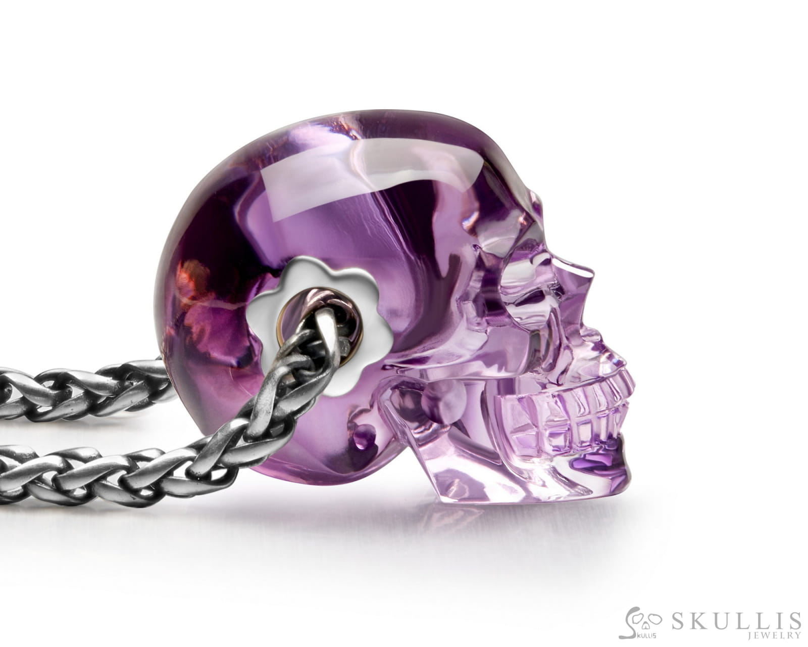 Skullis Signature Amethyst Gem Skull Pendant or Necklace Hand Carved Sterling Silver 925 Chain for Women & Men Skull