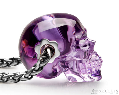 Skullis Signature Amethyst Gem Skull Pendant or Necklace Hand Carved Sterling Silver 925 Chain for Women & Men Skull