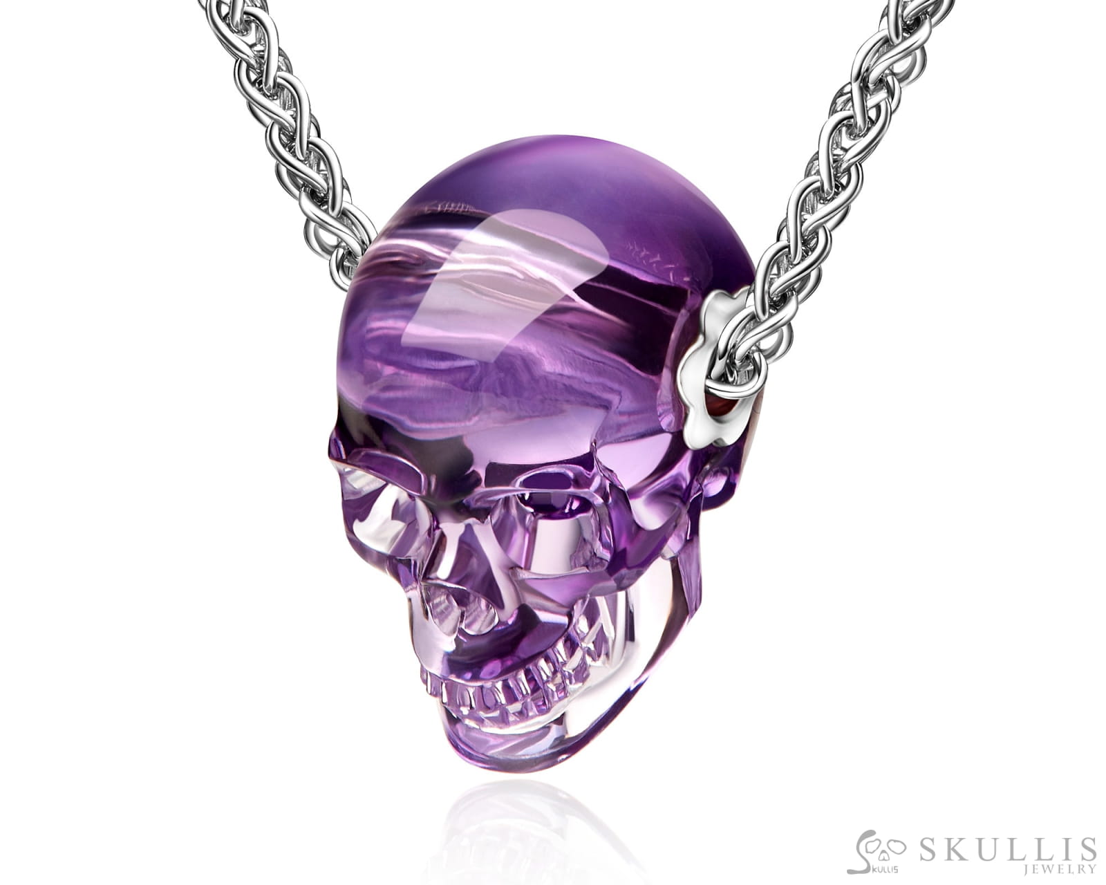 Skullis Signature Amethyst Gem Skull Pendant or Necklace Hand Carved Sterling Silver 925 Chain for Women & Men Skull