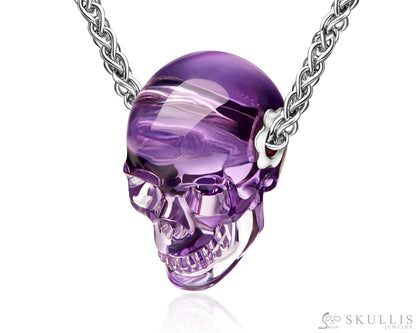 Skullis Signature Amethyst Gem Skull Pendant or Necklace Hand Carved Sterling Silver 925 Chain for Women & Men Skull