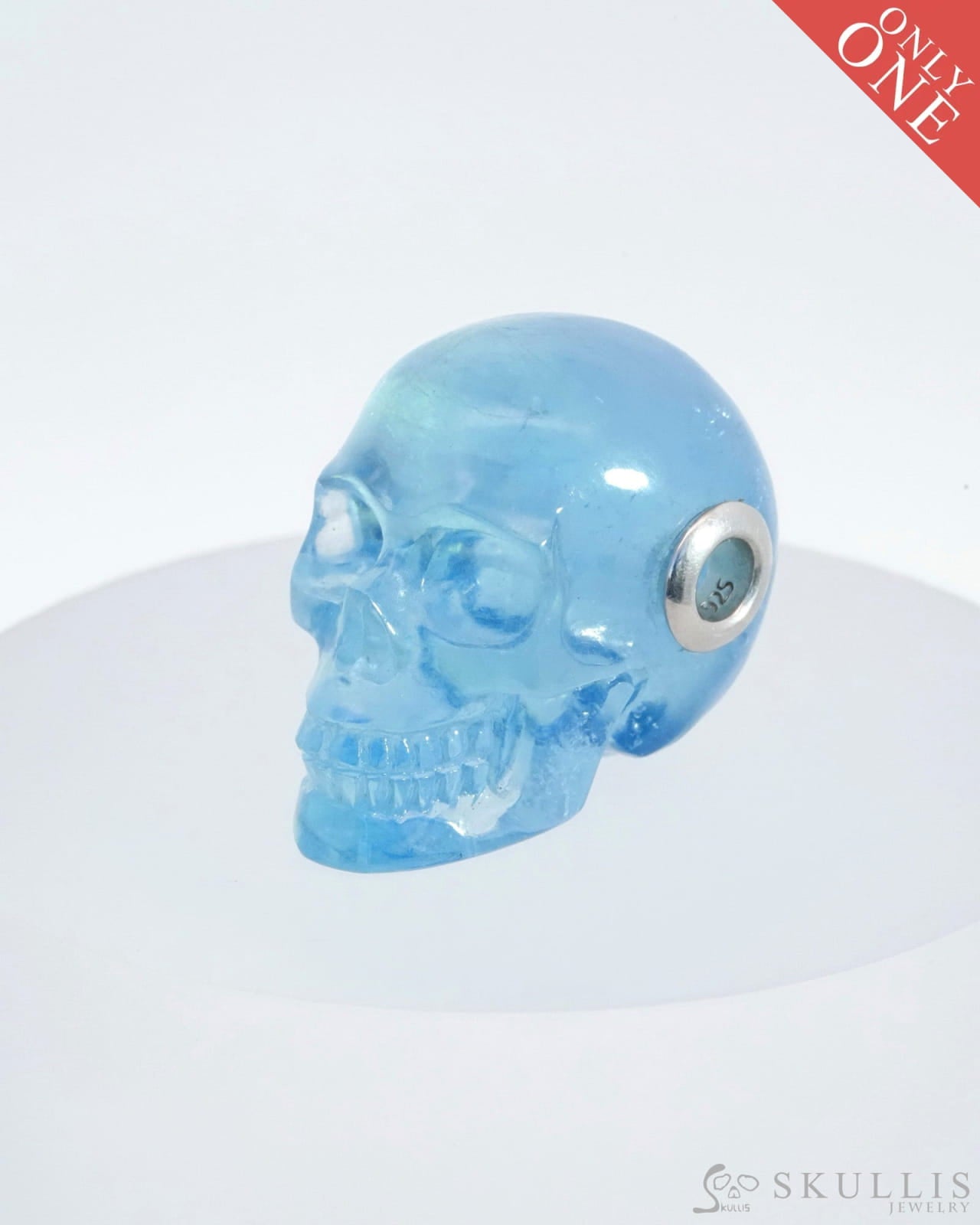 Skullis Signature Aquamarine Gem Skull Pendant Or Necklace Hand Carved Sterling Silver 925 Chain