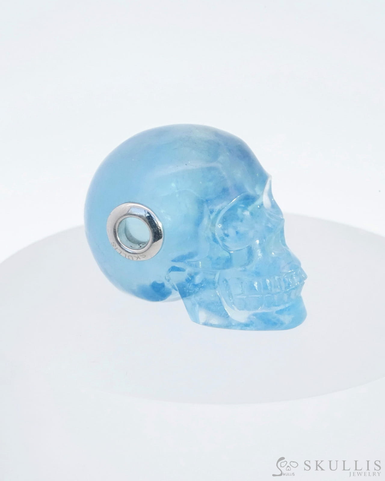 Skullis Signature Aquamarine Gem Skull Pendant Or Necklace Hand Carved Sterling Silver 925 Chain