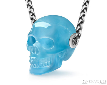 Skullis Signature Aquamarine Gem Skull Pendant or Necklace Hand Carved Sterling Silver 925 Chain for Women & Men Skull