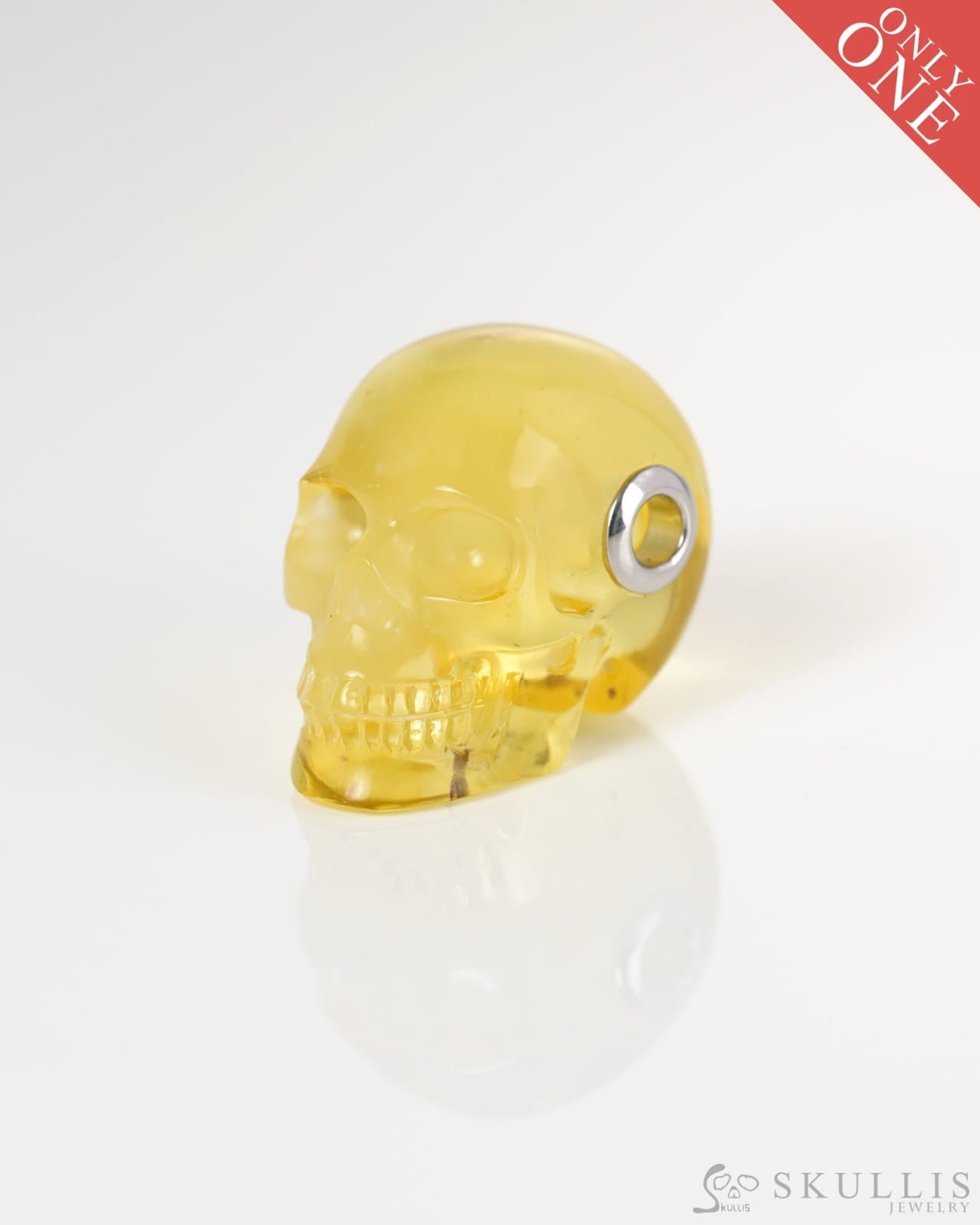 Skullis Signature Baltic Amber Gem Skull Pendant or Necklace Hand Carved Sterling Silver 925 Chain for Women & Men