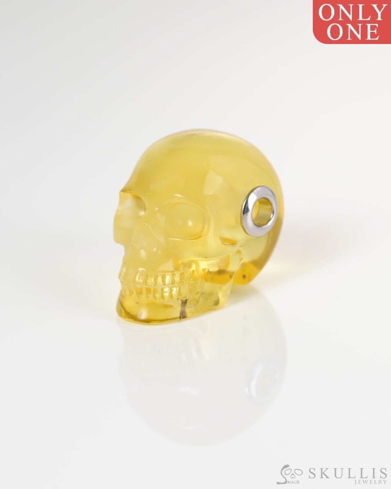 Skullis Signature Baltic Amber Gem Skull Pendant or Necklace Hand Carved Sterling Silver 925 Chain for Women & Men