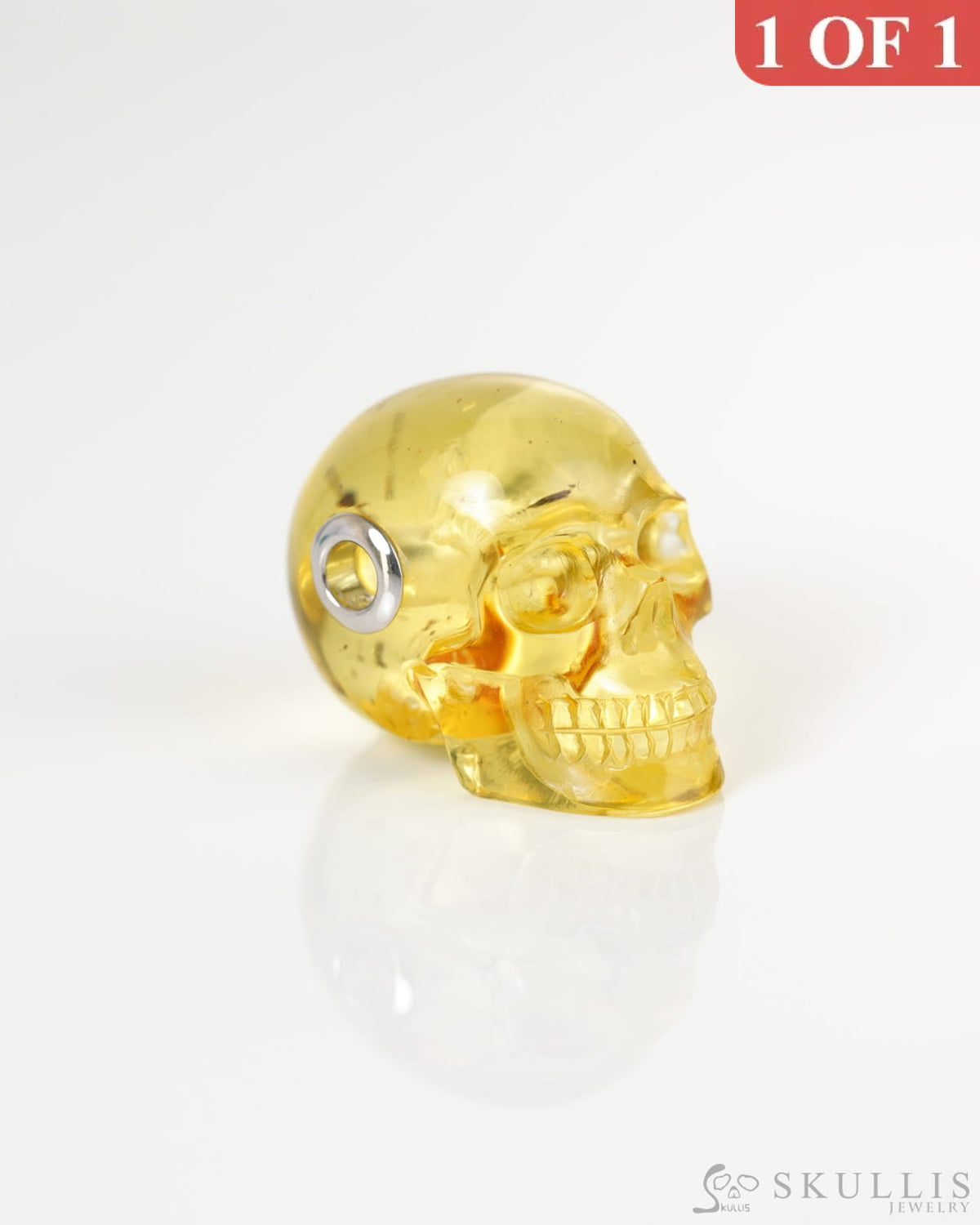 Skullis Signature Baltic Amber Gem Skull Pendant or Necklace Hand Carved Sterling Silver 925 Chain for Women & Men