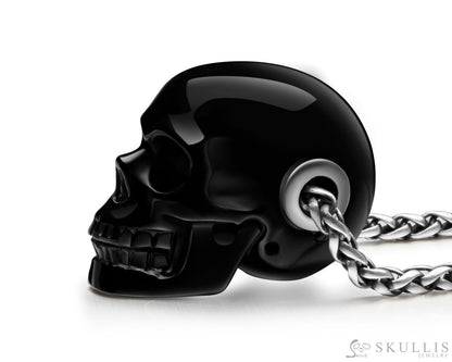 Skullis Signature Black Obsidian Gem Skull Pendant or Necklace Hand Carved Sterling Silver 925 Chain for Women & Men
