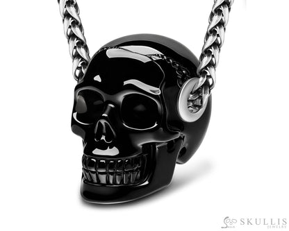 Skullis Signature Black Obsidian Gem Skull Pendant or Necklace Hand Carved Sterling Silver 925 Chain for Women & Men
