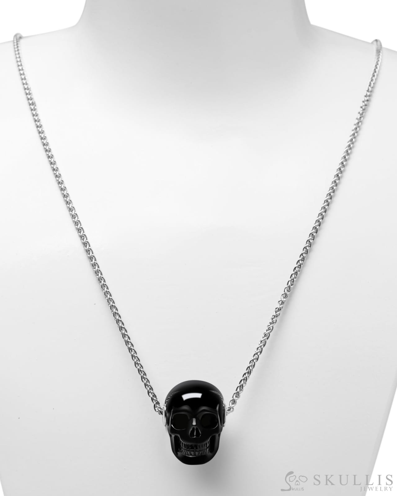 Skullis Signature Black Obsidian Gem Skull Pendant or Necklace Hand Carved Sterling Silver 925 Chain for Women & Men
