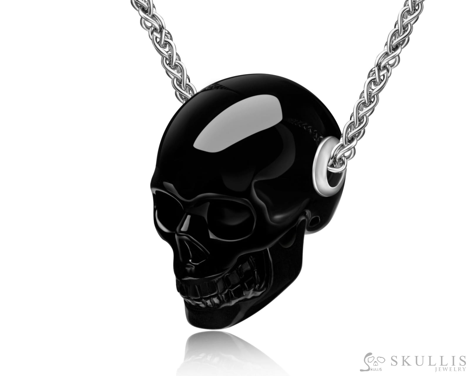 Skullis Signature Black Obsidian Gem Skull Pendant Or Necklace Hand Carved Sterling Silver.925