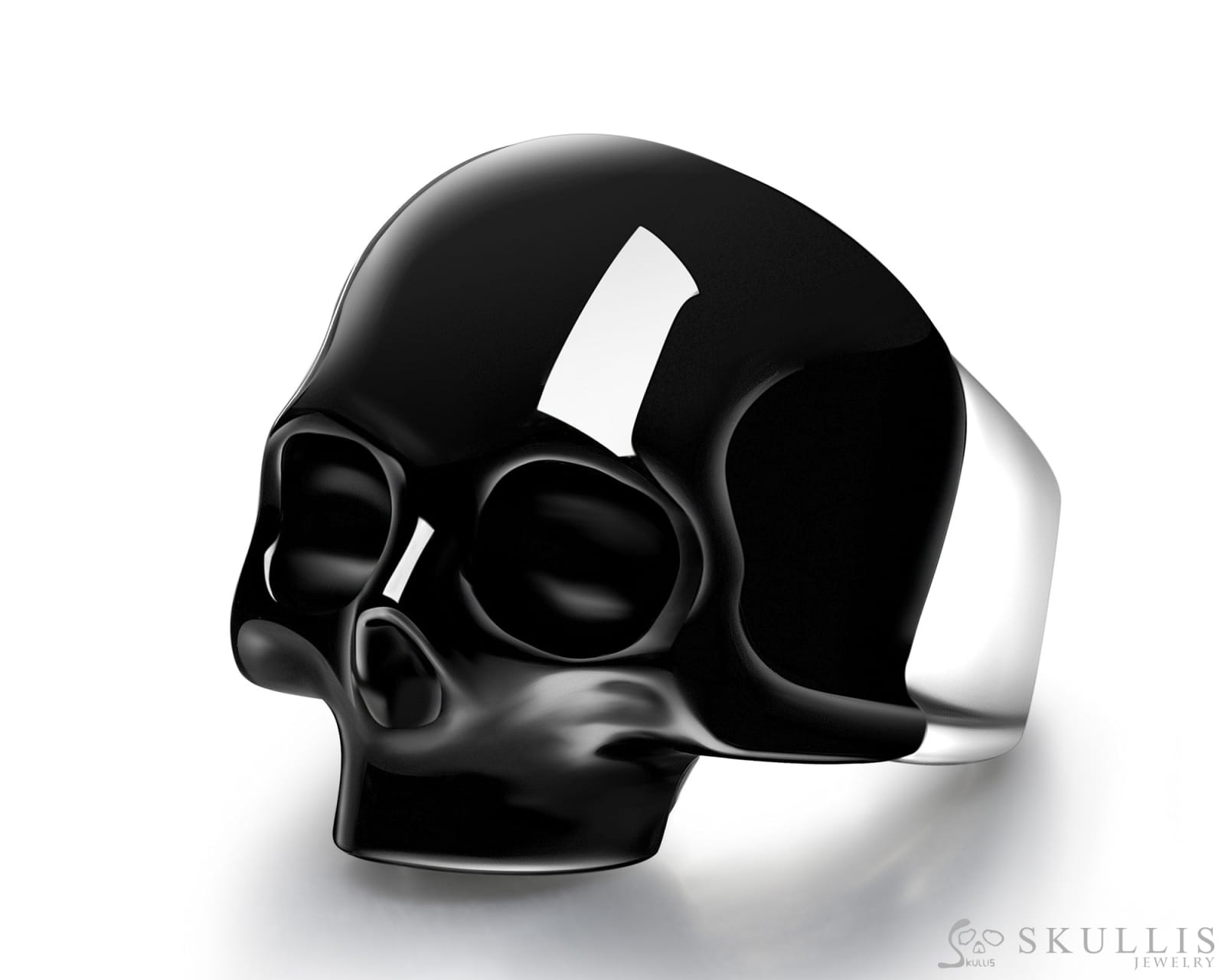 Skullis Signature Black Obsidisn Gem Skull Ring Hand Carved Sterling Silver for Women & Men Skull Rings
