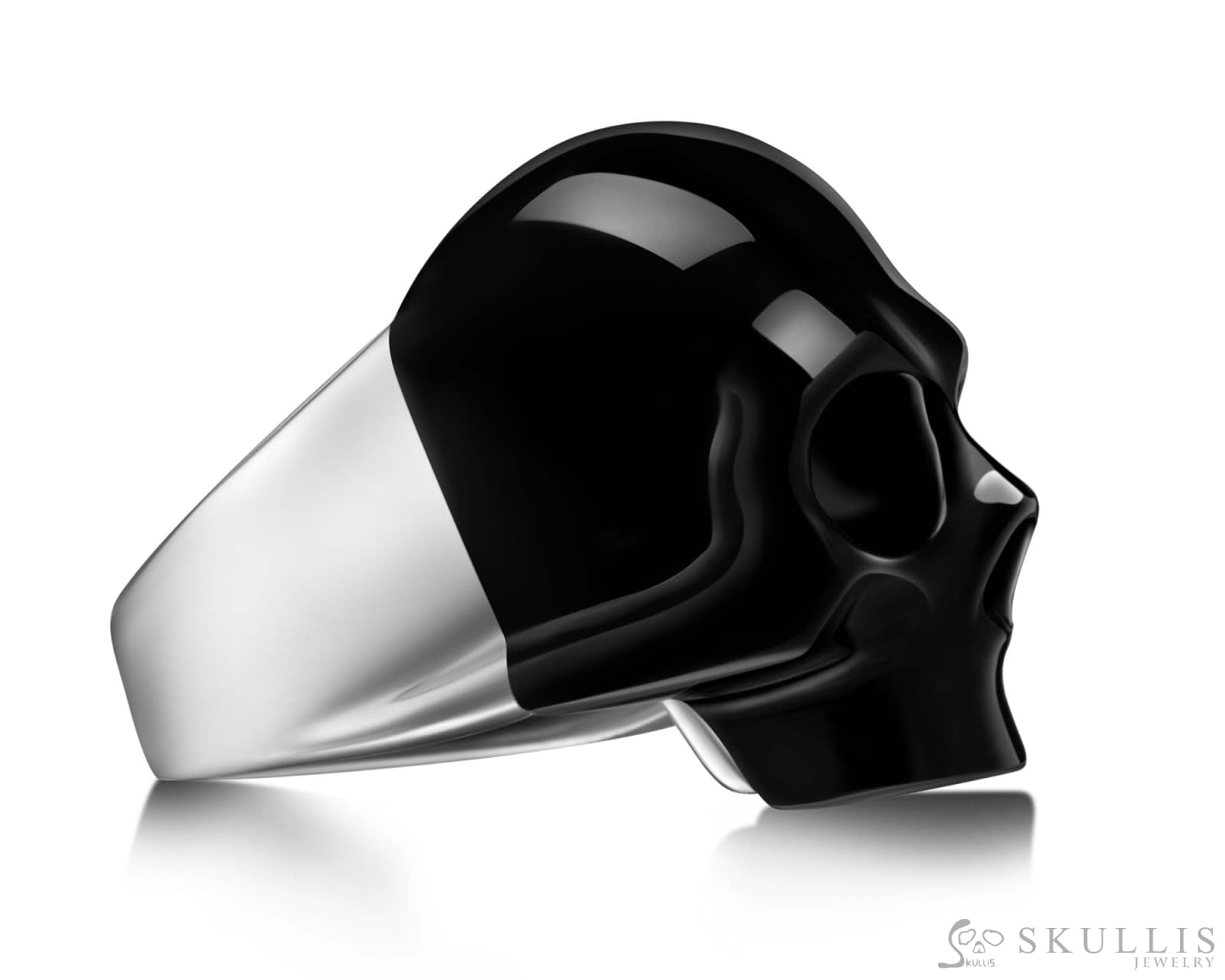 Skullis Signature Black Obsidisn Gem Skull Ring Hand Carved Sterling Silver for Women & Men Skull Rings