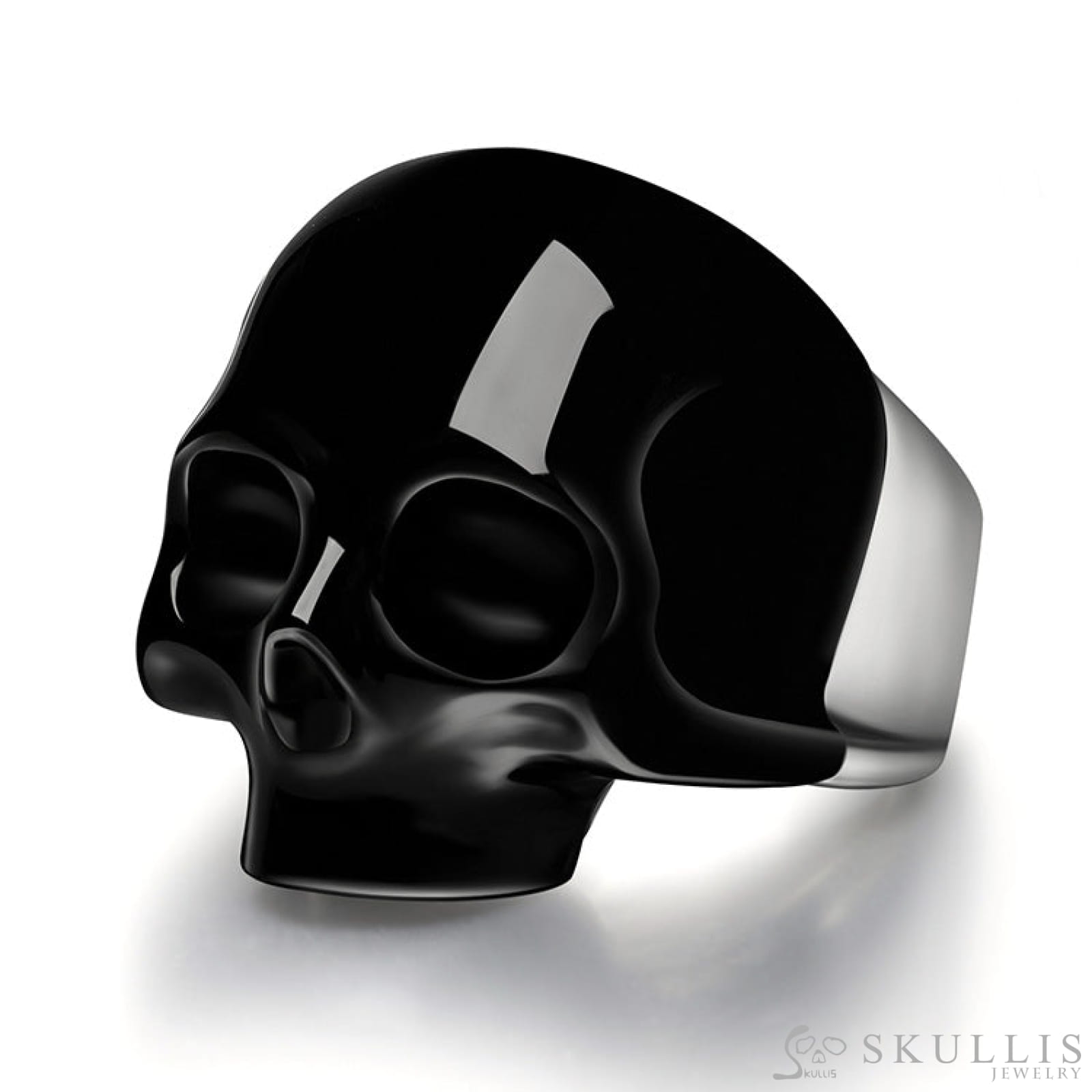 Skullis Signature Black Obsidisn Gem Skull Ring Hand Carved Sterling Silver for Women & Men Skull Rings