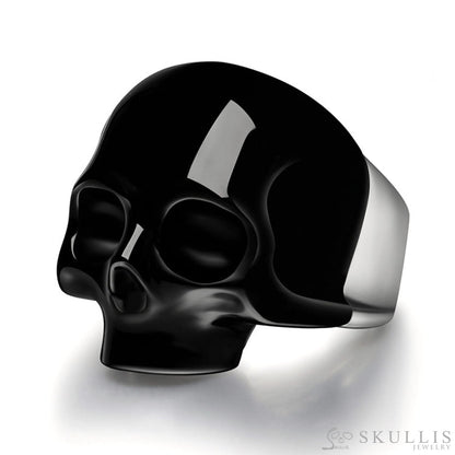 Skullis Signature Black Obsidisn Gem Skull Ring Hand Carved Sterling Silver for Women & Men Skull Rings