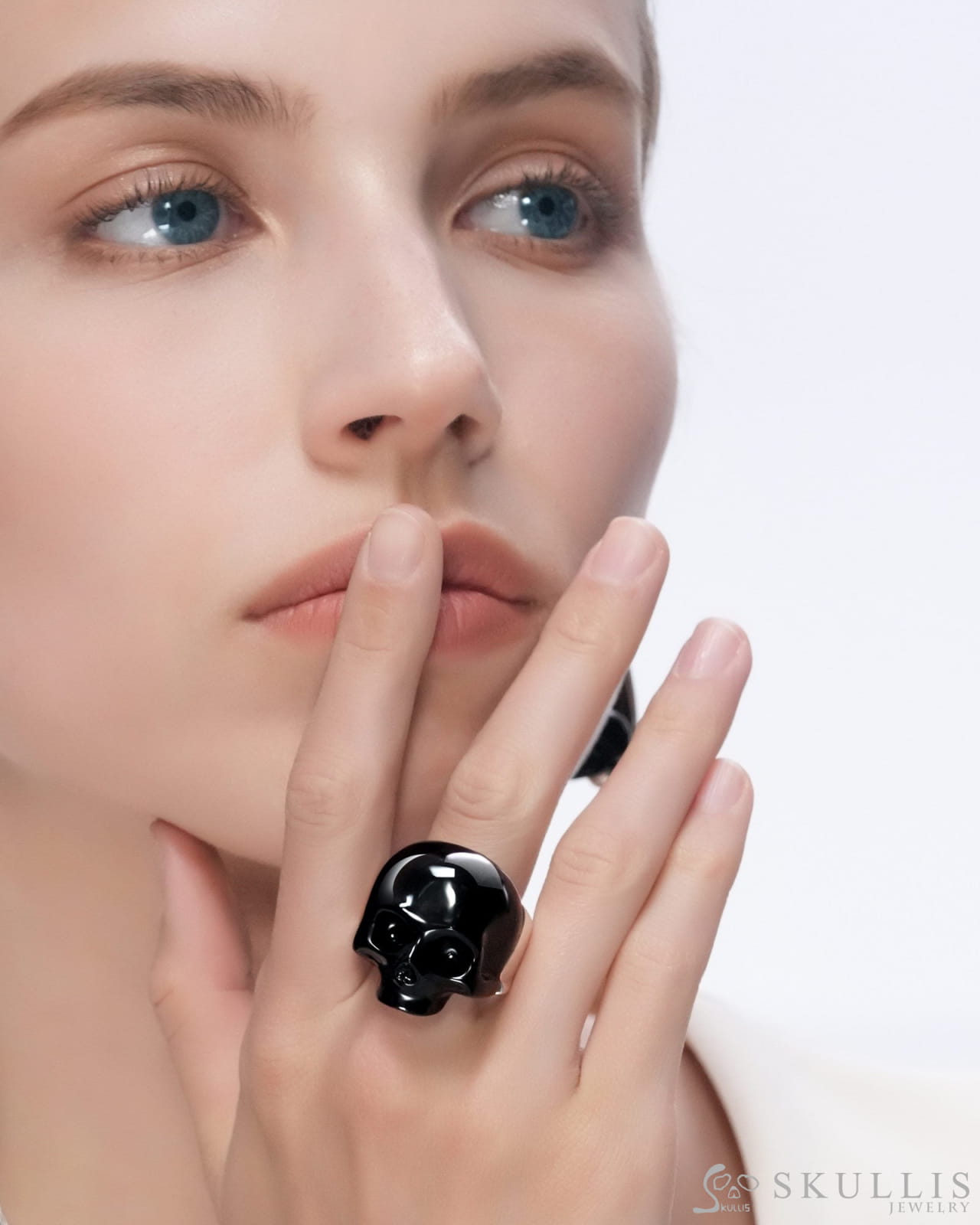 Skullis Signature Black Obsidisn Gem Skull Ring Hand Carved Sterling Silver For Women & Men Rings