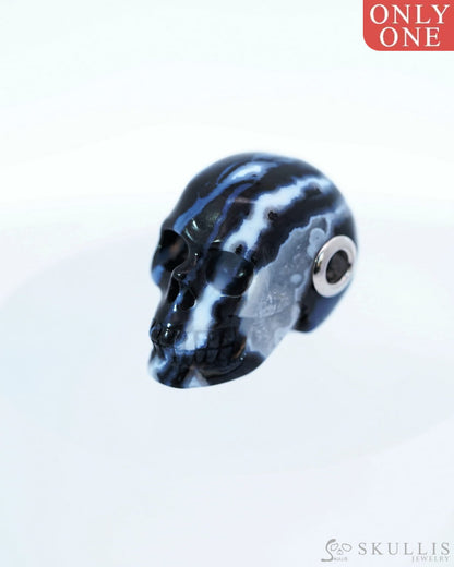 Gem Skull Pendant Necklace Of Black Zebra Agate Crystal Carved Skull With Detachable Silver