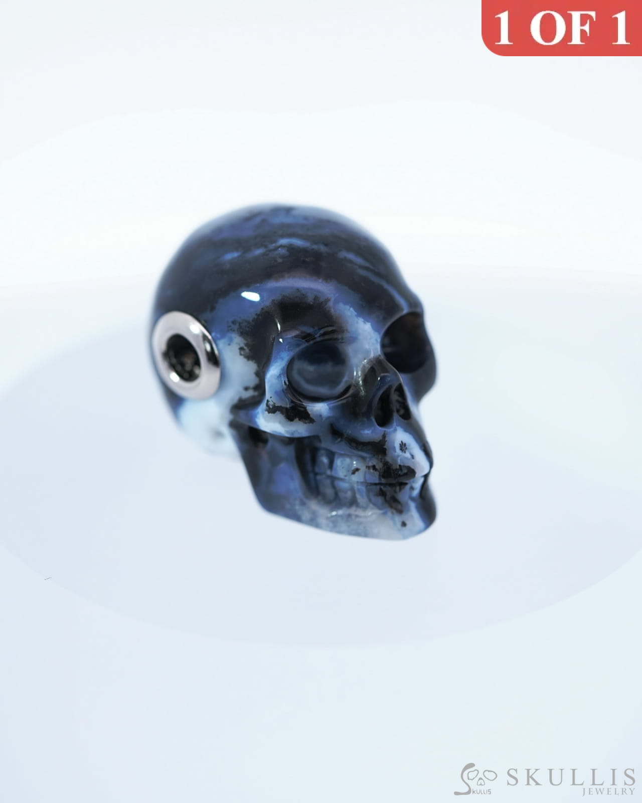 Skullis Signature Black Zebra Agate Gem Skull Pendant Or Necklace Hand Carved Sterling Silver.925