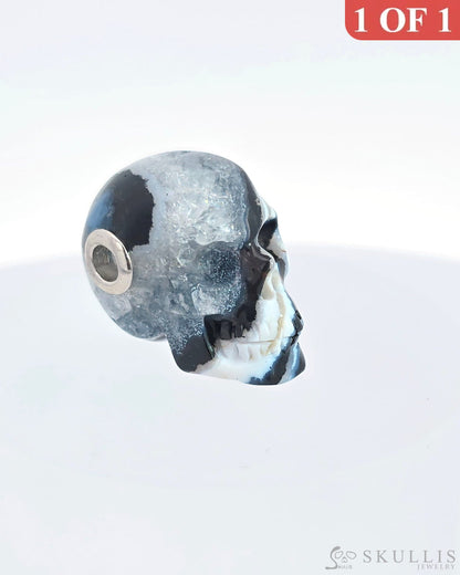 Gem Skull Pendant Necklace Of Black Zebra Agate Crystal Carved Skull With Detachable Silver