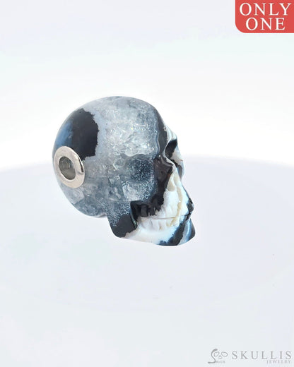 Gem Skull Pendant Necklace Of Black Zebra Agate Crystal Carved Skull With Detachable Silver