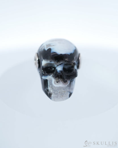 Skullis Signature Black Zebra Agate Gem Skull Pendant or Necklace Hand Carved Sterling Silver 925 Chain for Women & Men