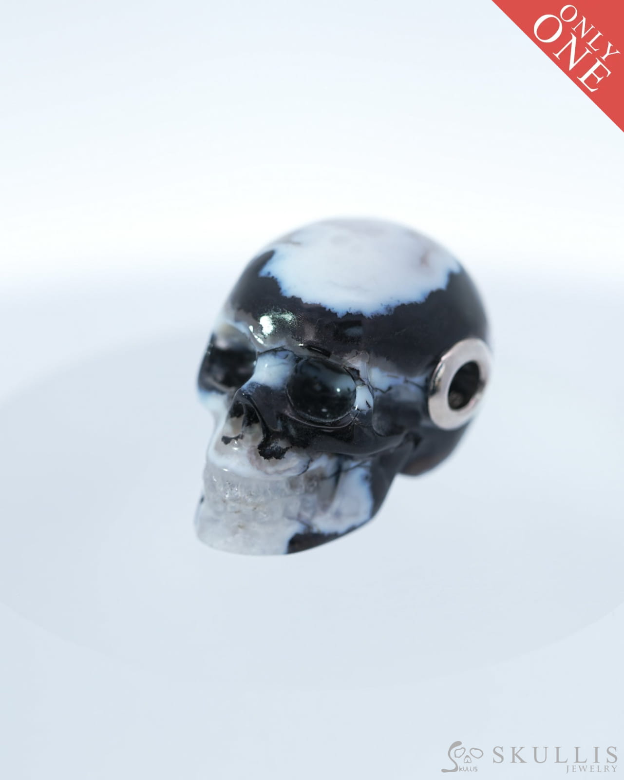 Skullis Signature Black Zebra Agate Gem Skull Pendant or Necklace Hand Carved Sterling Silver 925 Chain for Women & Men