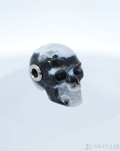 Skullis Signature Black Zebra Agate Gem Skull Pendant or Necklace Hand Carved Sterling Silver 925 Chain for Women & Men