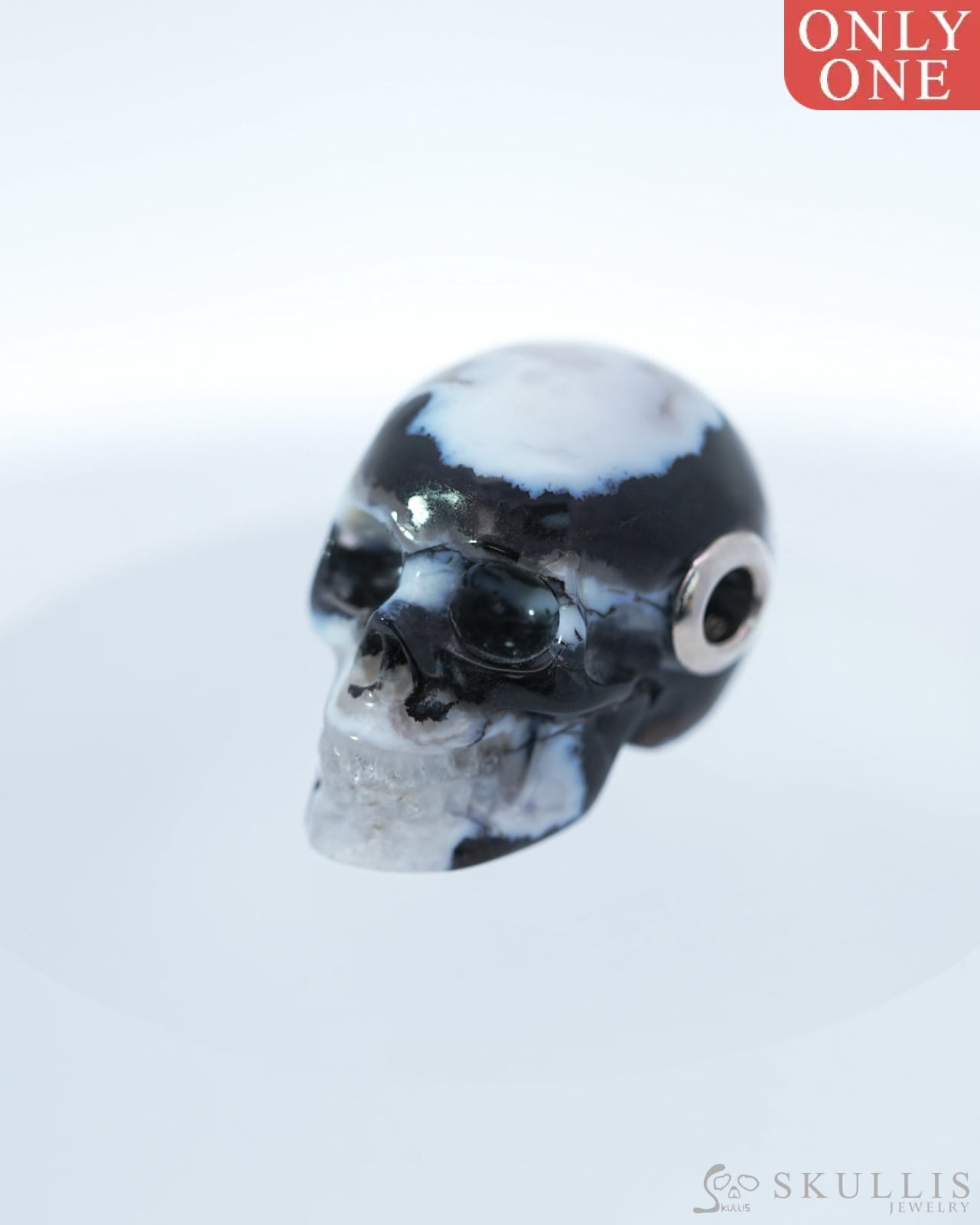 Skullis Signature Black Zebra Agate Gem Skull Pendant or Necklace Hand Carved Sterling Silver 925 Chain for Women & Men