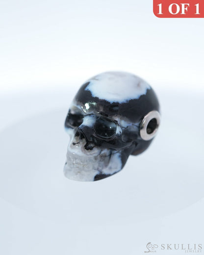 Skullis Signature Black Zebra Agate Gem Skull Pendant or Necklace Hand Carved Sterling Silver 925 Chain for Women & Men