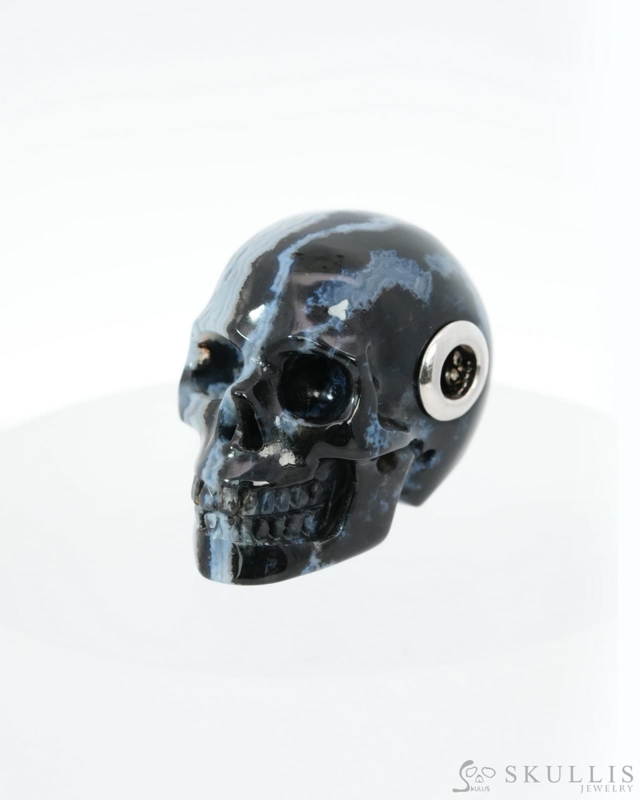 Skullis Signature Black Zebra Agate Gem Skull Pendant or Necklace Hand Carved Sterling Silver 925 Chain for Women & Men