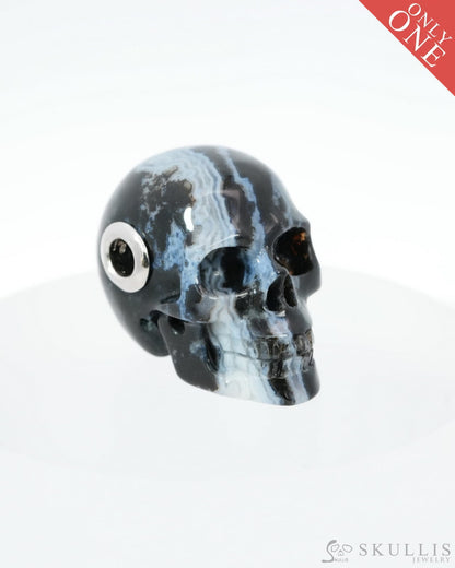 Skullis Signature Black Zebra Agate Gem Skull Pendant or Necklace Hand Carved Sterling Silver 925 Chain for Women & Men