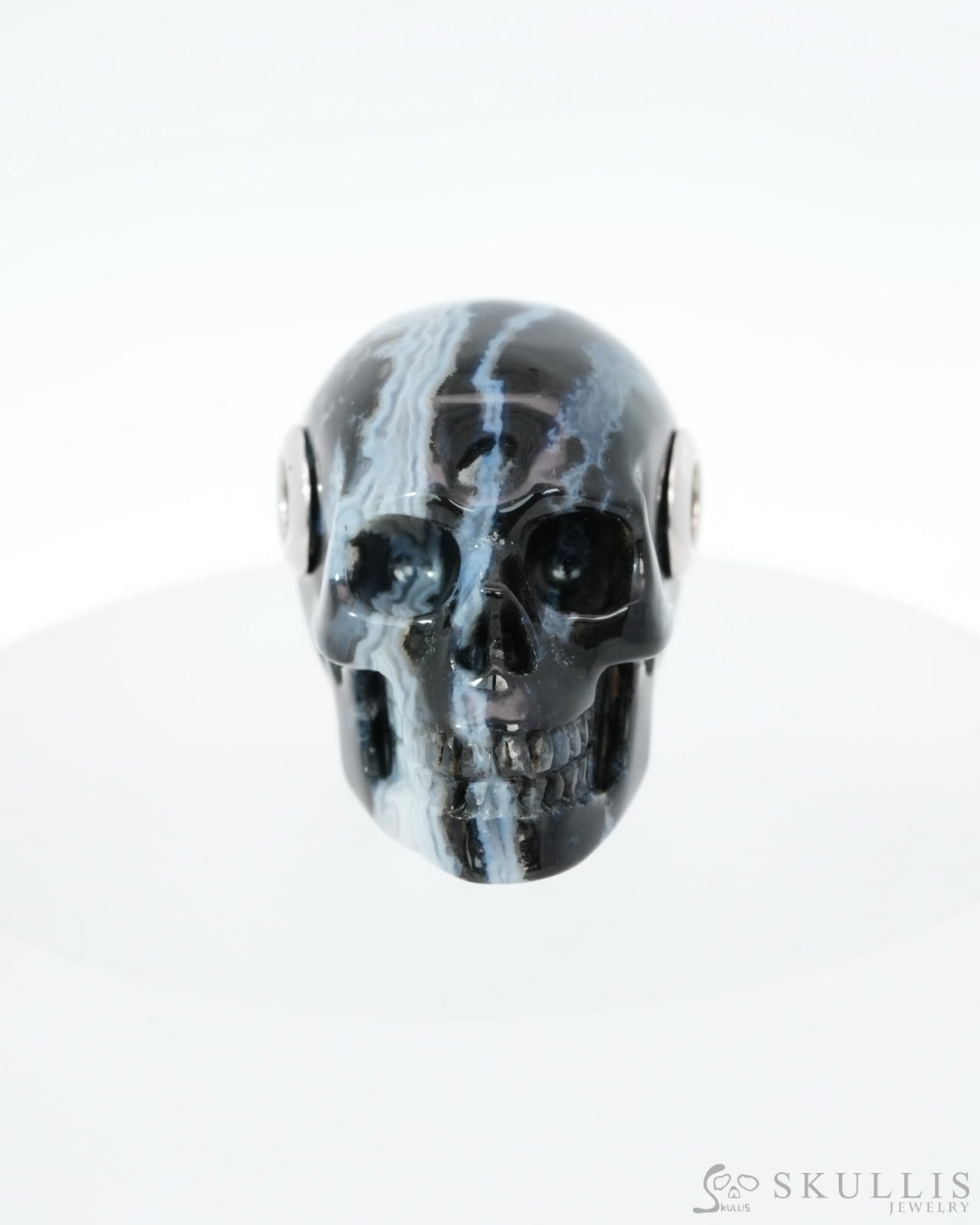 Skullis Signature Black Zebra Agate Gem Skull Pendant or Necklace Hand Carved Sterling Silver 925 Chain for Women & Men