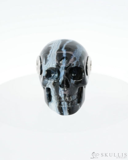 Skullis Signature Black Zebra Agate Gem Skull Pendant or Necklace Hand Carved Sterling Silver 925 Chain for Women & Men