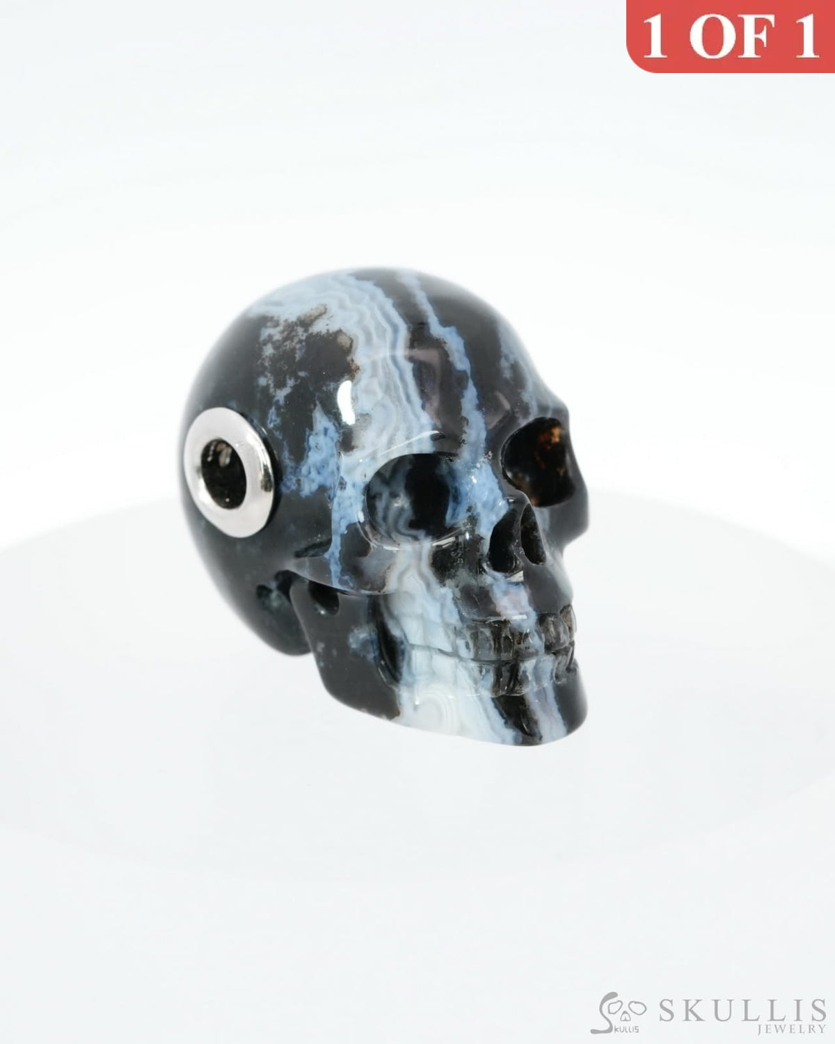 Skullis Signature Black Zebra Agate Gem Skull Pendant or Necklace Hand Carved Sterling Silver 925 Chain for Women & Men