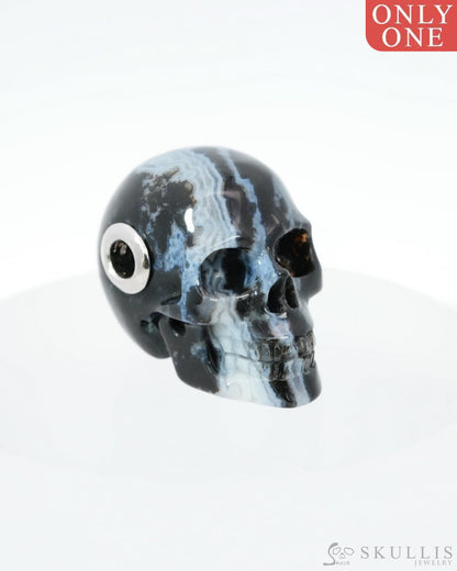 Skullis Signature Black Zebra Agate Gem Skull Pendant or Necklace Hand Carved Sterling Silver 925 Chain for Women & Men